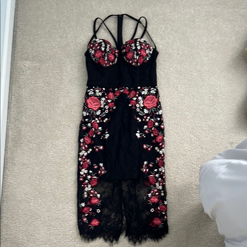 bebe Black Corset Lace Floral Rose Dress
